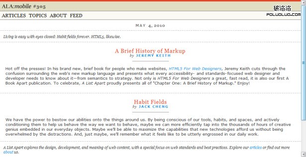 A mobile version of A List Apart.