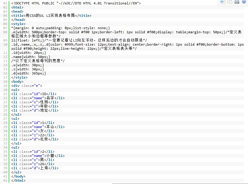 CSS UL LI布局實現表格效果  