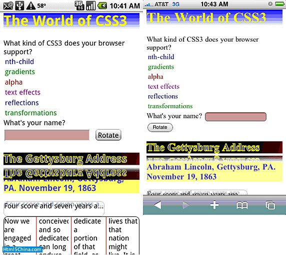 比較 Android 和 iPhone 移動設備上的新 CSS 功能的屏幕截圖