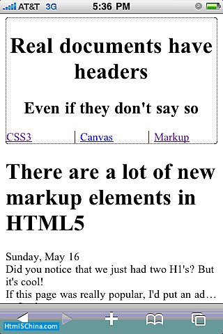 iPhone 上的新 HTML 5 元素 header、nav、article、section 以及 aside 的屏幕截圖