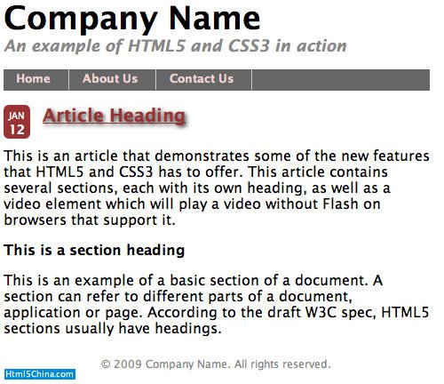 顯示使用 HTML5 和 CSS3 創建的各種文本樣式的屏幕截圖，包括帶下劃線的具有顏色的頁面標題以及加粗的區域標題。