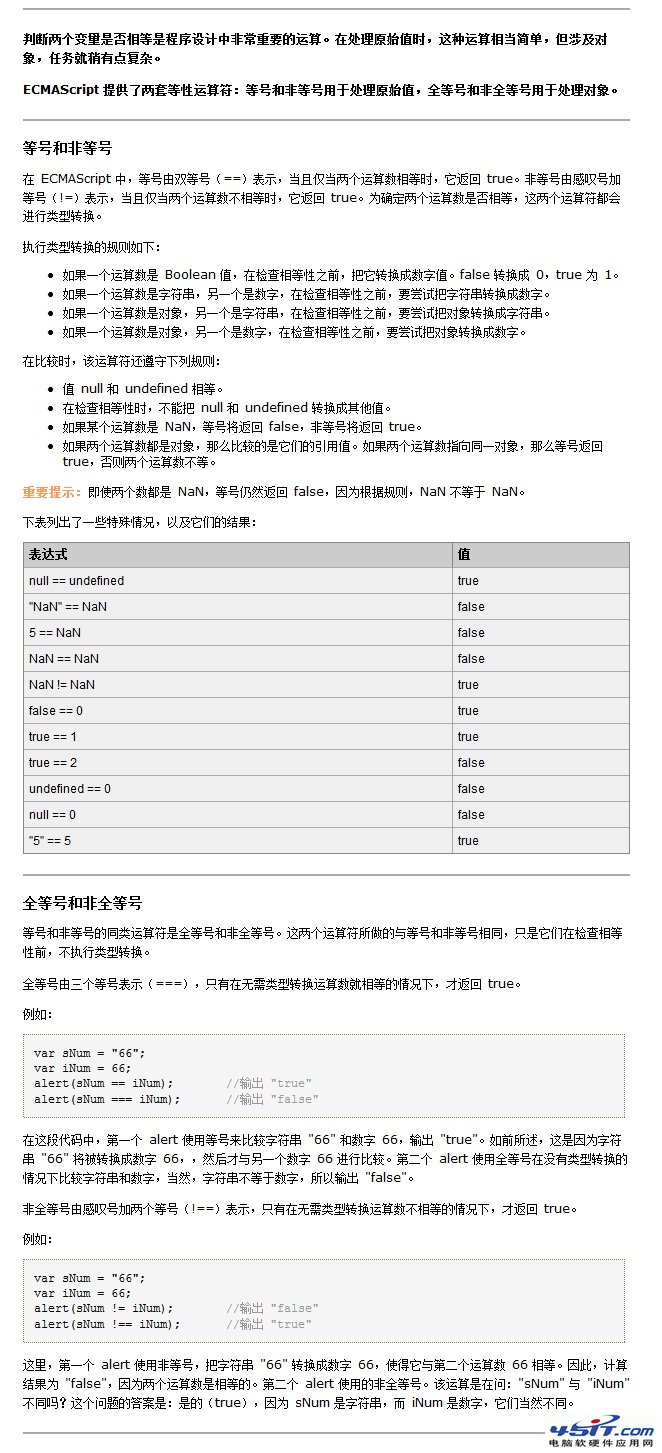 JavaScript中的等號(==)/不等號（!=）和全等號(===)/非全等號(!==) 的用法 