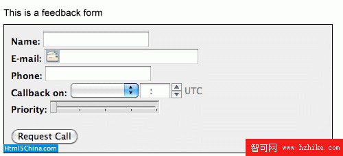 類似於圖 1 的反饋表格，但是包含添加的功能，例如 'Email' 標簽旁邊的電子郵件圖標，針對標簽 'Callback on:' 的 datetime 字段以及 'Priority' 標簽的范圍。