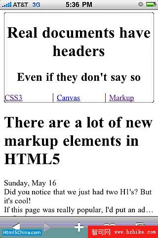 iPhone 上的新 HTML 5 元素 header、nav、article、section 以及 aside 的屏幕截圖