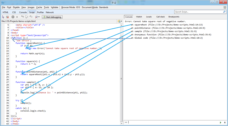 屏幕截圖中的 F12 開發人員工具顯示了一個由調用 console.log(e.stack) 記錄的堆棧跟蹤，其中 e 是傳遞至 try/catch 數據塊中 catch 子句的錯誤對象。