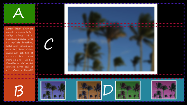 The previous image, with a purple dotted line added around the entire Grid element and red dotted lines added to show where columns and rows should be placed