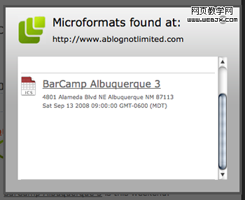 Microformats bookmarklet hCalendar example