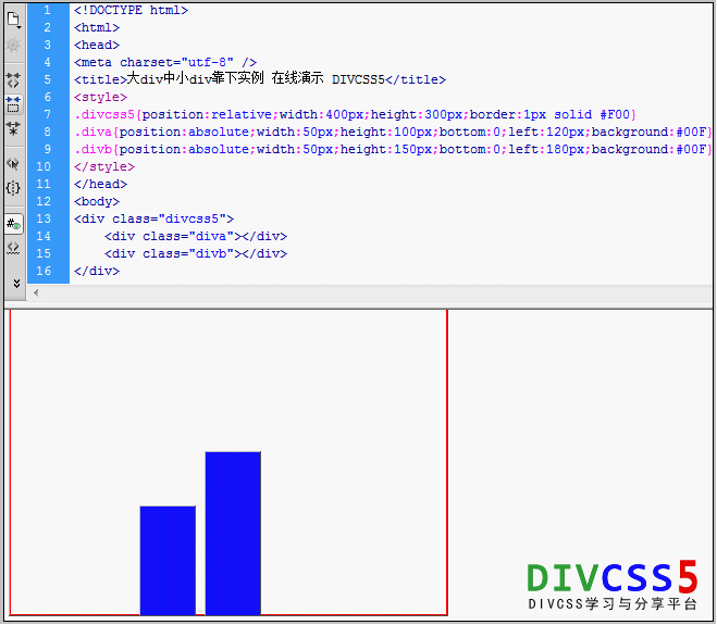 css+div實例小div居於大div底邊緊貼靠下效果截圖