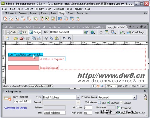 Dreamweaver CS3集成Spry之表單檢測試用