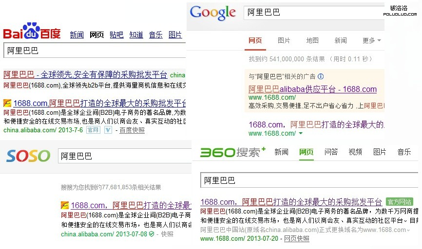 阿裡巴巴中文站品牌關鍵詞在各大搜索引擎的排名情況
