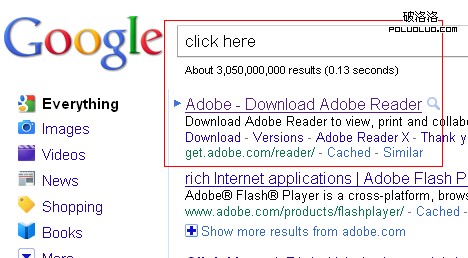 在谷歌搜索click here的時候，排名第一的Adobe Reader的下載頁面